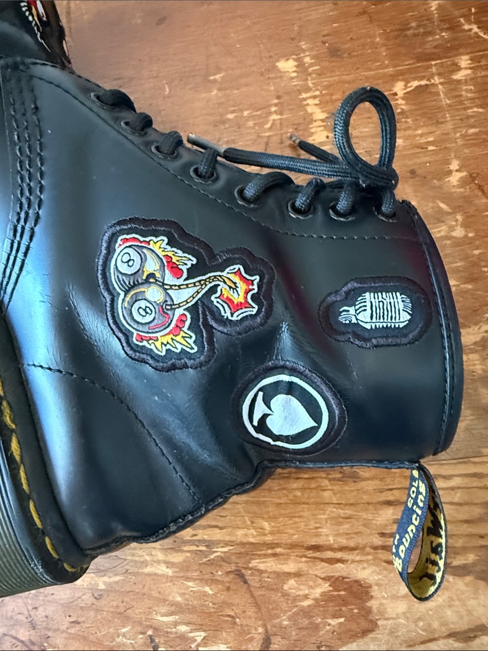 Dr Martens Black Lace-Up Patch Combat Boots - Birds, Cherry & Skull Accents - Picture 6 of 11